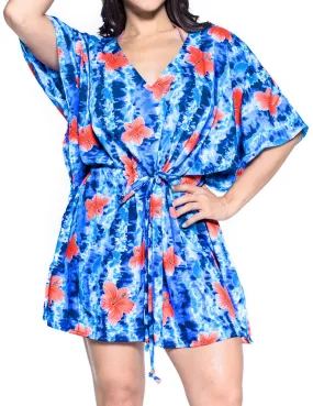 La Leela Hibiscus Robe Soft Likre Beachwear Caftan Swimwear Cover up Royal blue