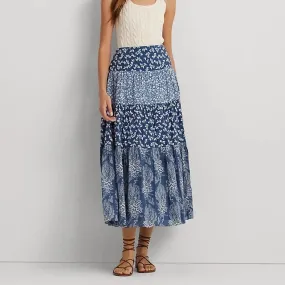 Lauren Ralph Lauren Patchwork Floral Voile Tiered Skirt in Blue/Cream