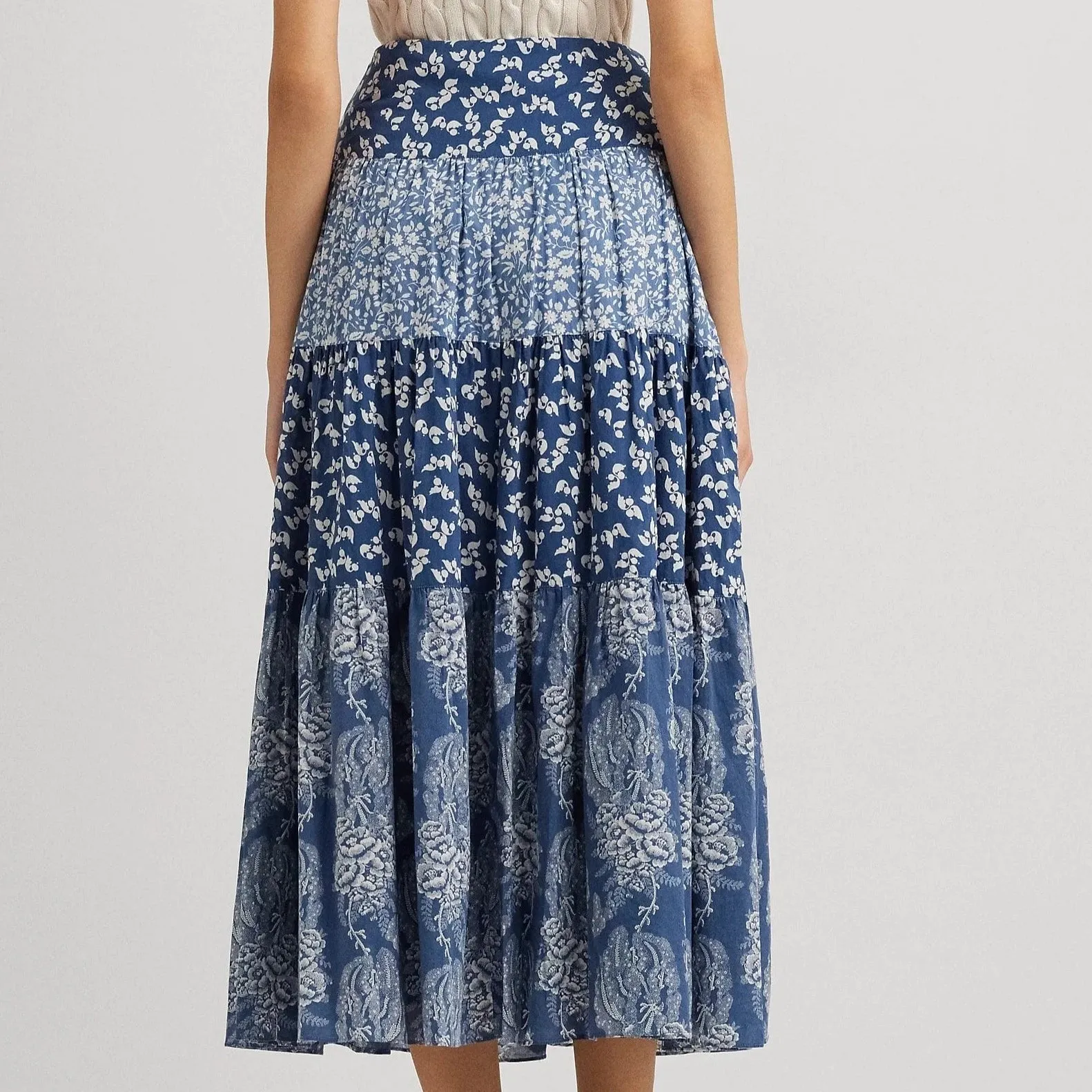 Lauren Ralph Lauren Patchwork Floral Voile Tiered Skirt in Blue/Cream