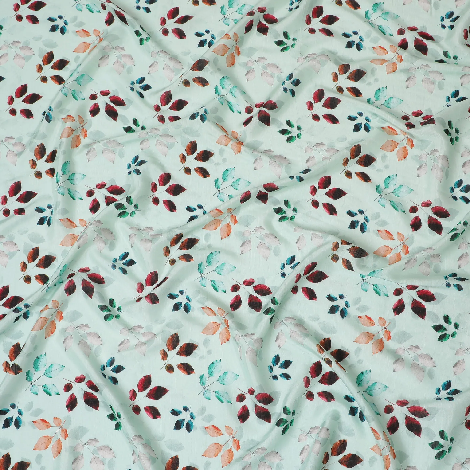 Light Mint with Multicolor Leaf Print Viscose Digital Printed Fabric - 110 cm Width-D19993