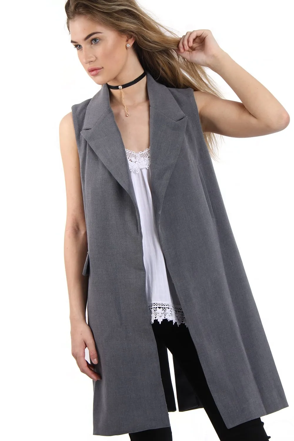 Longline Sleeveless Waistcoat with Split Buttons Back Detail