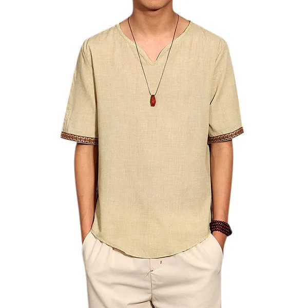 Mens Chinese Style Summer Linen Solid Color Short Sleeve T-shirt V-neck Top Tee