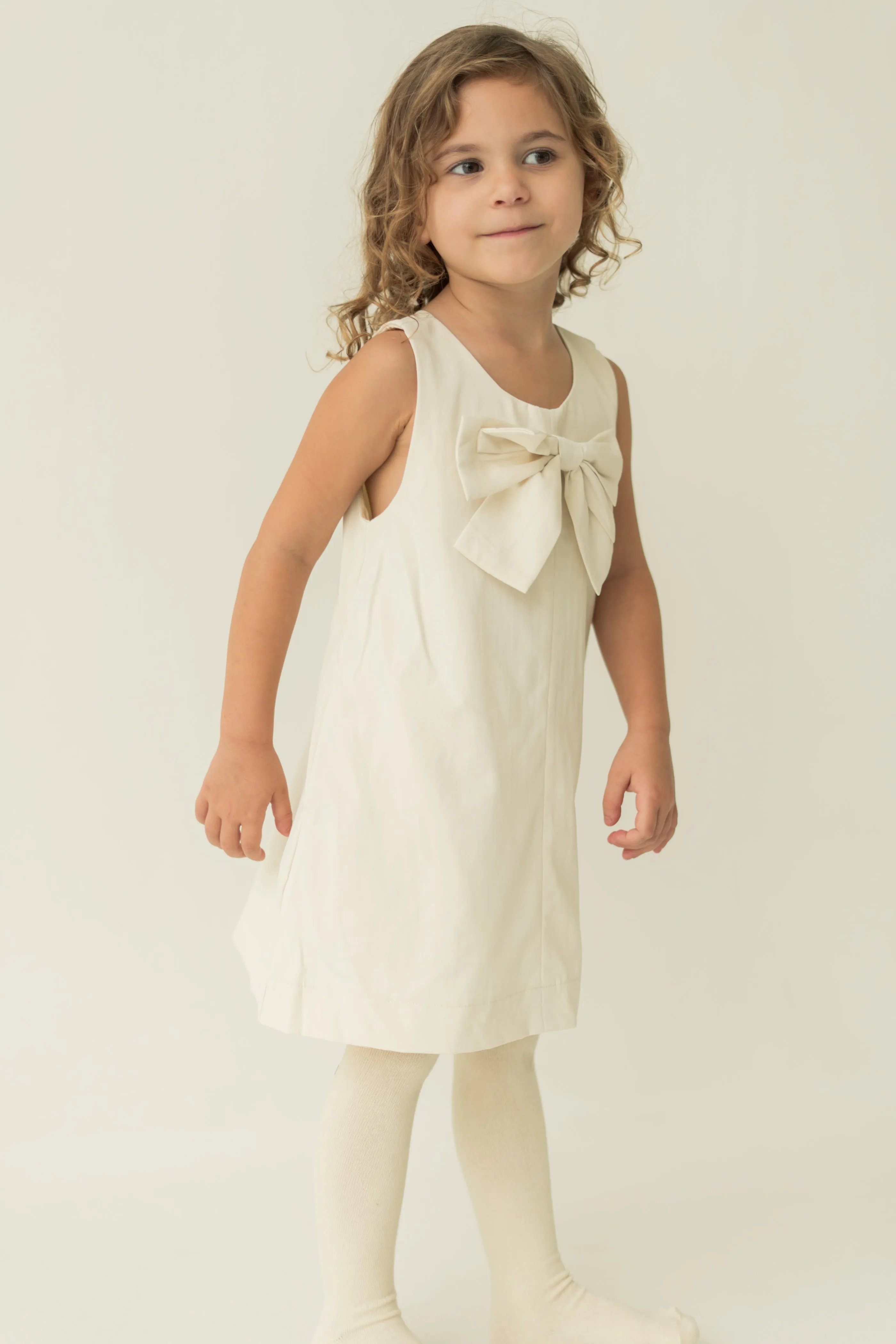 Mini A-Line Shift Dress With Bow in Natural