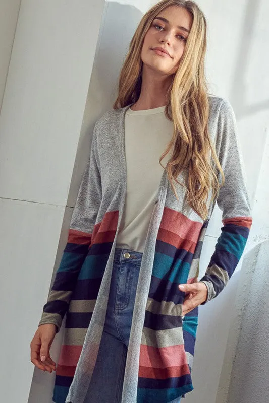 Multi Stripe Brushed Hacci Open Cardigan