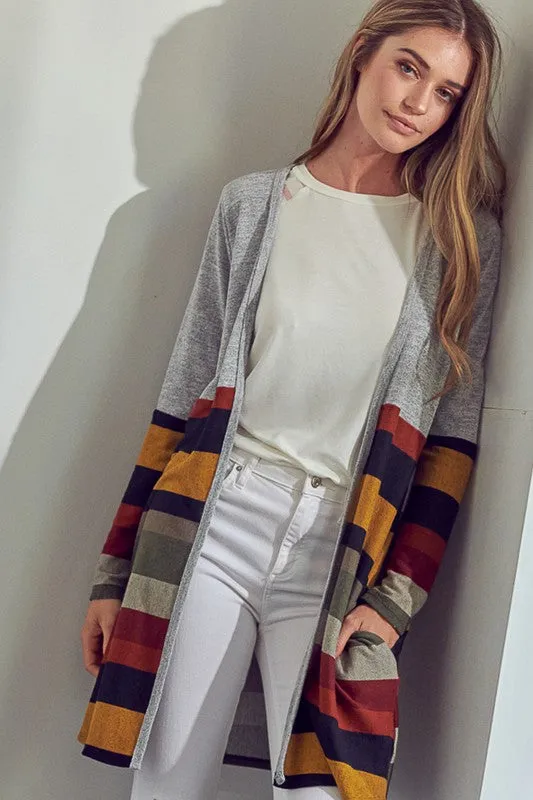 Multi Stripe Brushed Hacci Open Cardigan