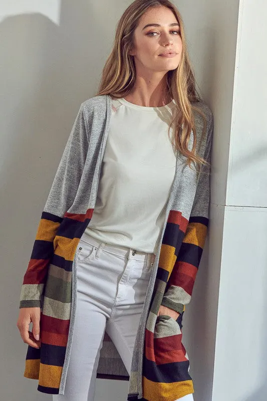 Multi Stripe Brushed Hacci Open Cardigan