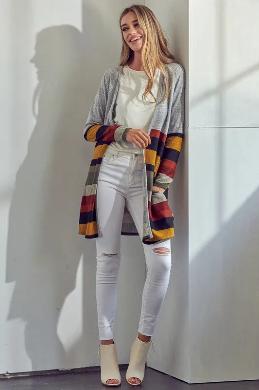 Multi Stripe Brushed Hacci Open Cardigan