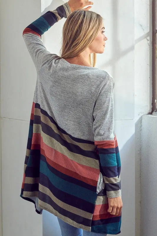 Multi Stripe Brushed Hacci Open Cardigan