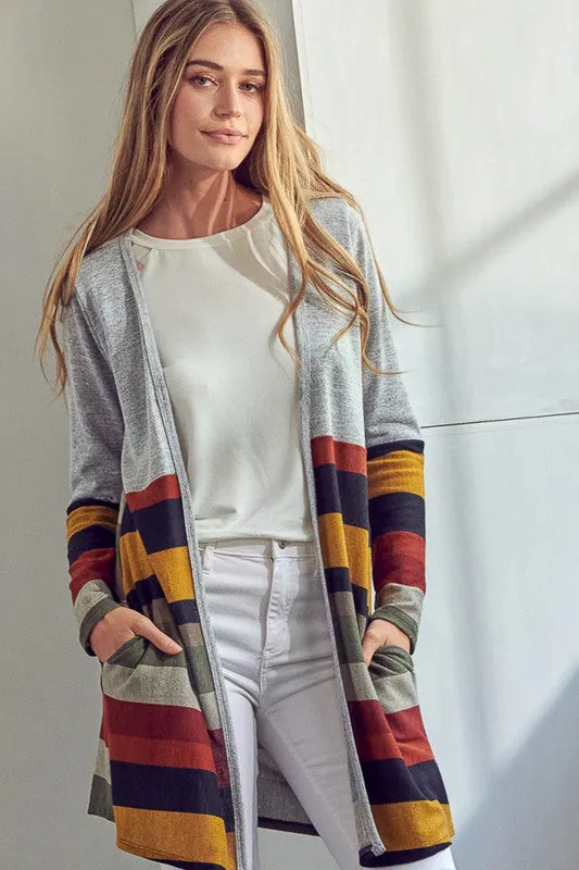 Multi Stripe Brushed Hacci Open Cardigan