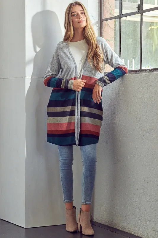 Multi Stripe Brushed Hacci Open Cardigan