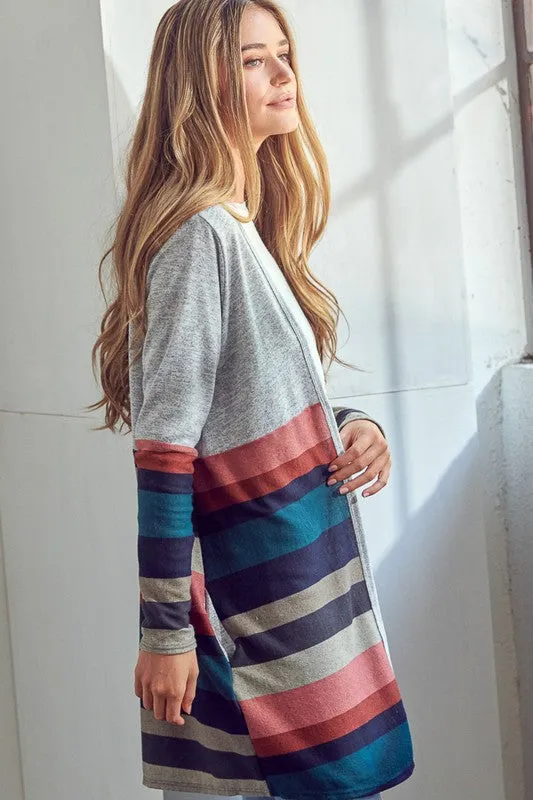 Multi Stripe Brushed Hacci Open Cardigan