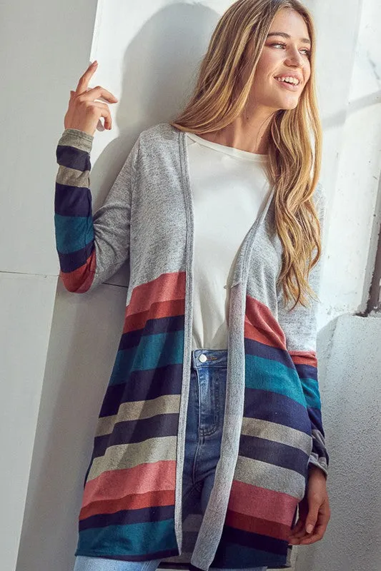 Multi Stripe Brushed Hacci Open Cardigan