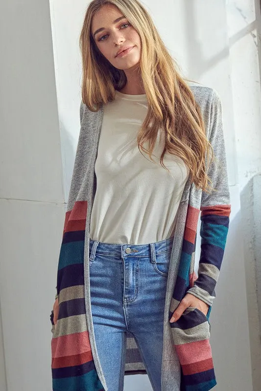 Multi Stripe Brushed Hacci Open Cardigan