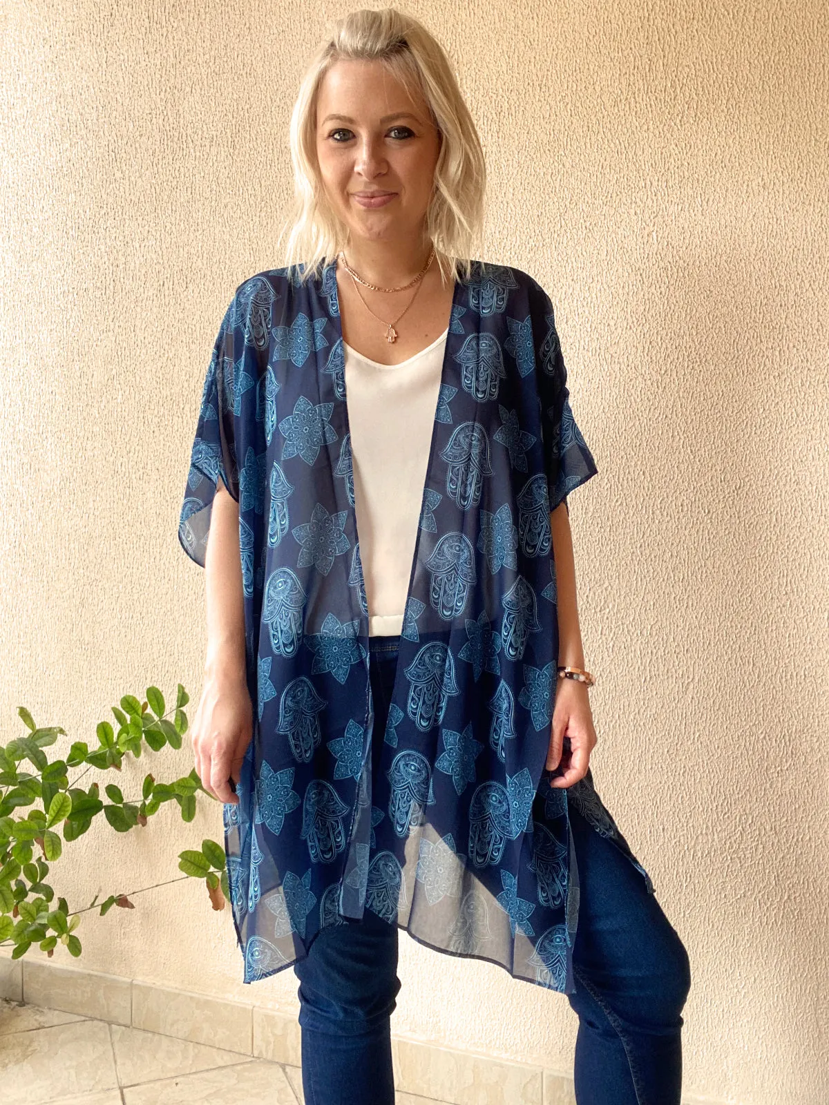 Navy hamsa hand Kimono - 3 lengths