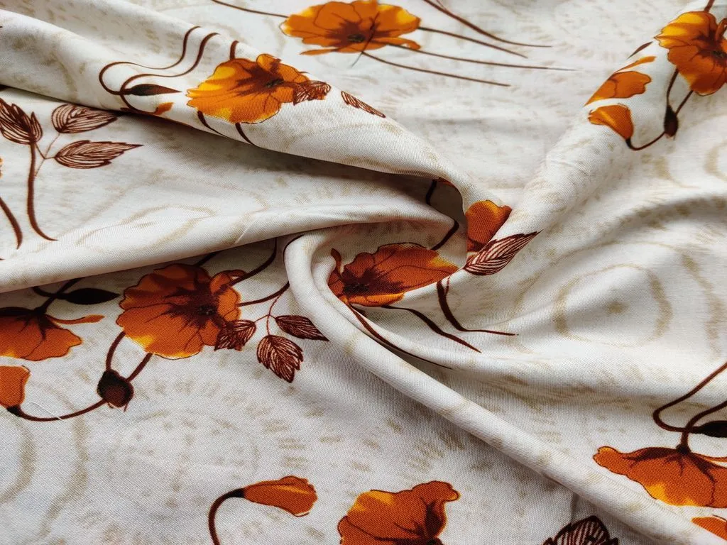 Off White Mustard Flowers Printed Rayon Fabric