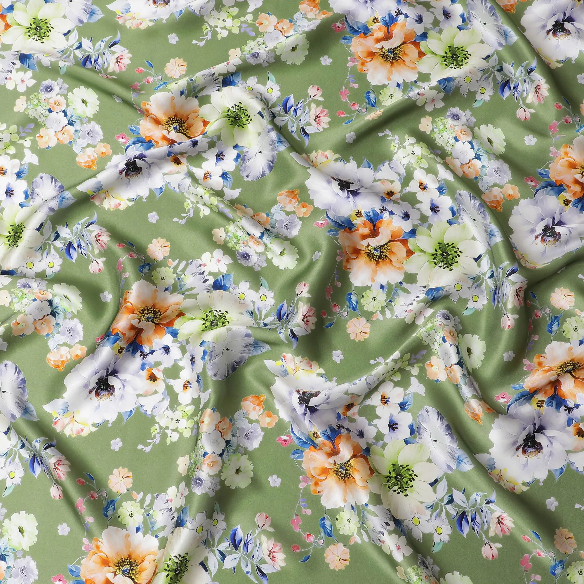 Olive Green Pure Silk Satin Fabric with Lush Floral Bouquet Print - High-Quality Italian Silk, 140cm Width-D18701