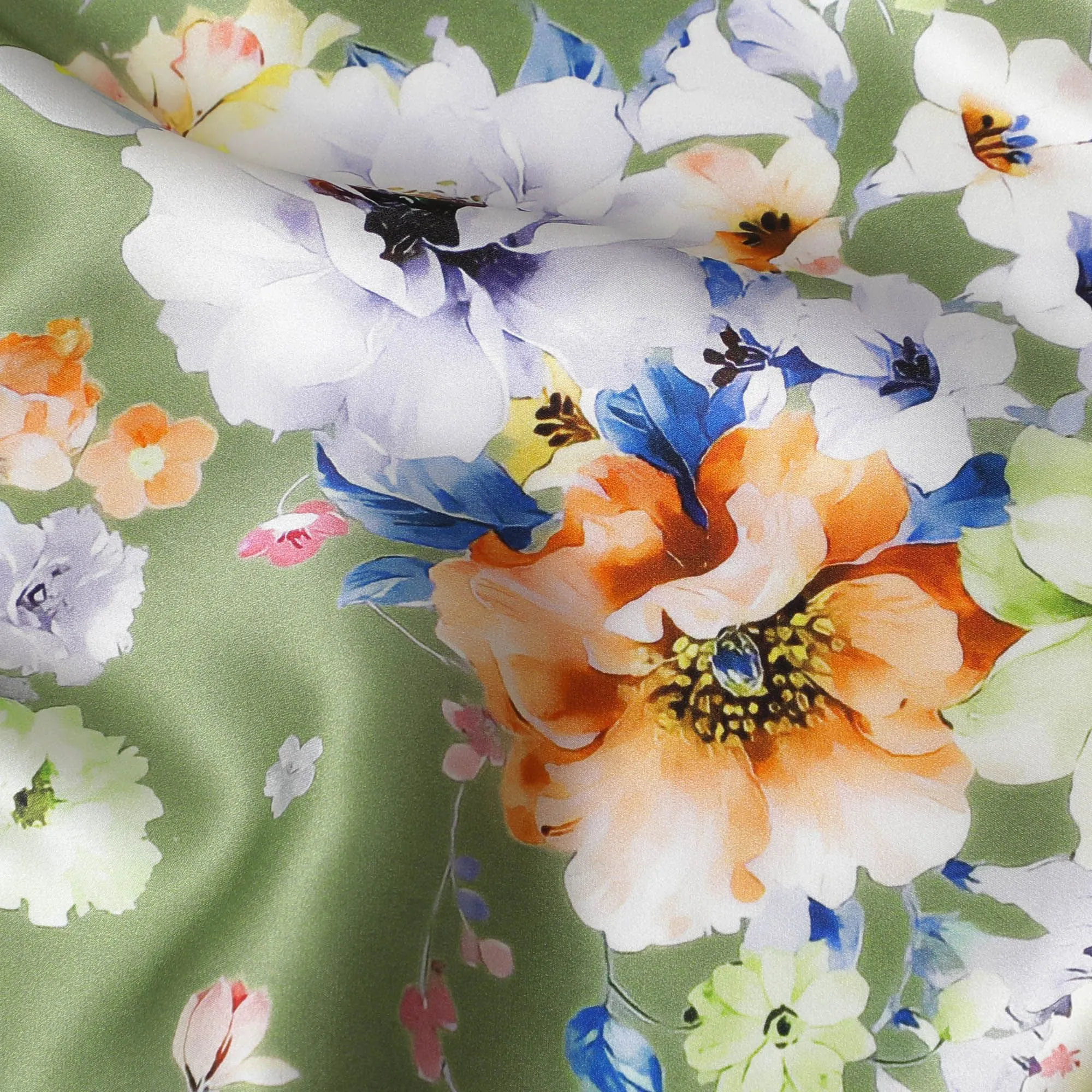 Olive Green Pure Silk Satin Fabric with Lush Floral Bouquet Print - High-Quality Italian Silk, 140cm Width-D18701