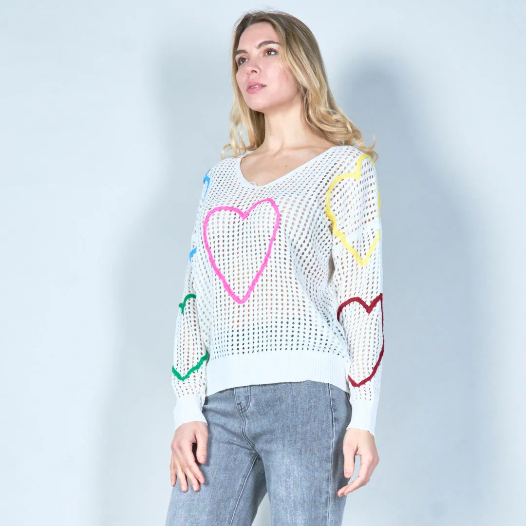 Open-knit sweater with colorful heart design wholesale