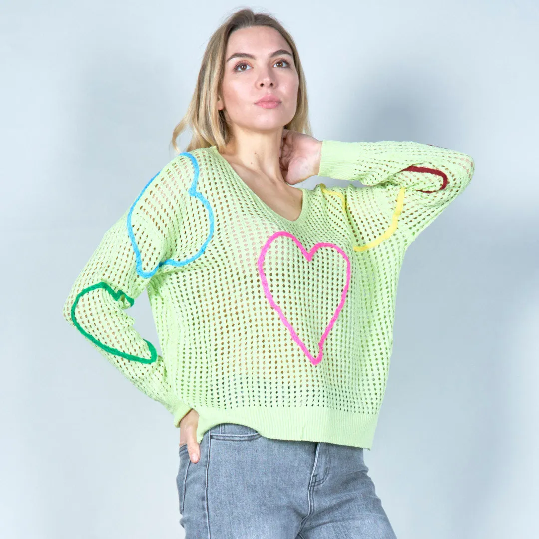 Open-knit sweater with colorful heart design wholesale