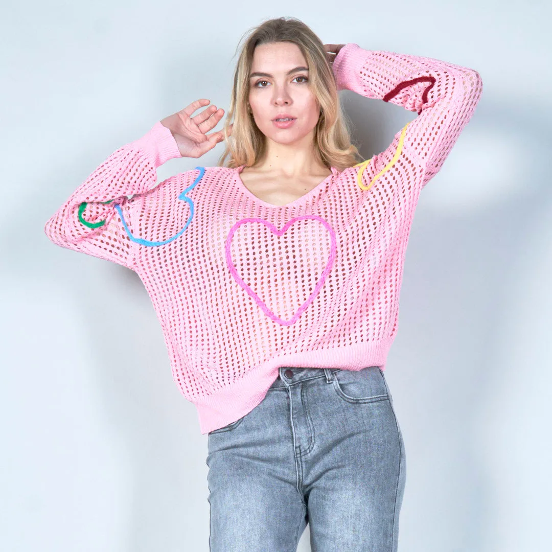 Open-knit sweater with colorful heart design wholesale