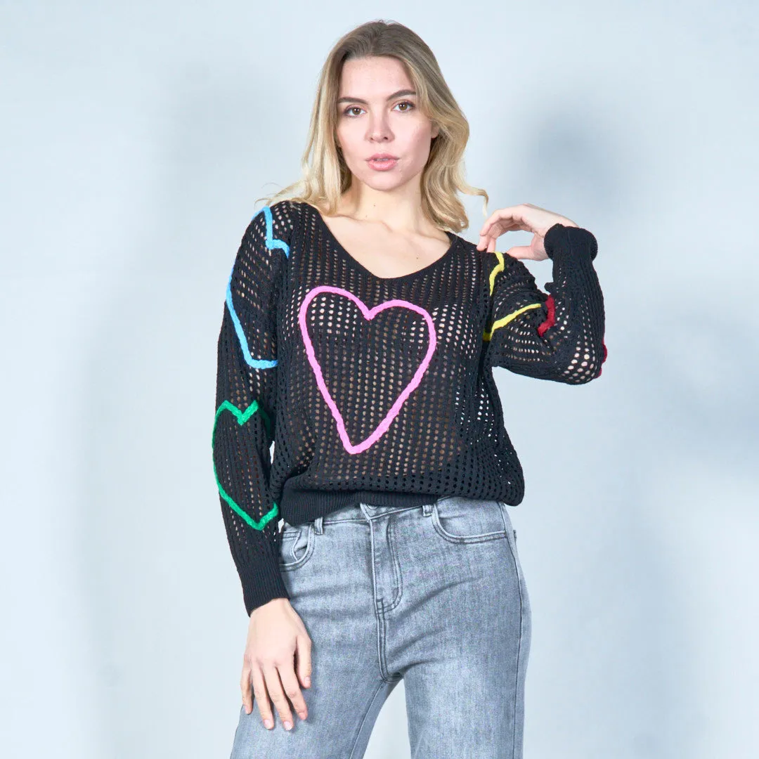 Open-knit sweater with colorful heart design wholesale