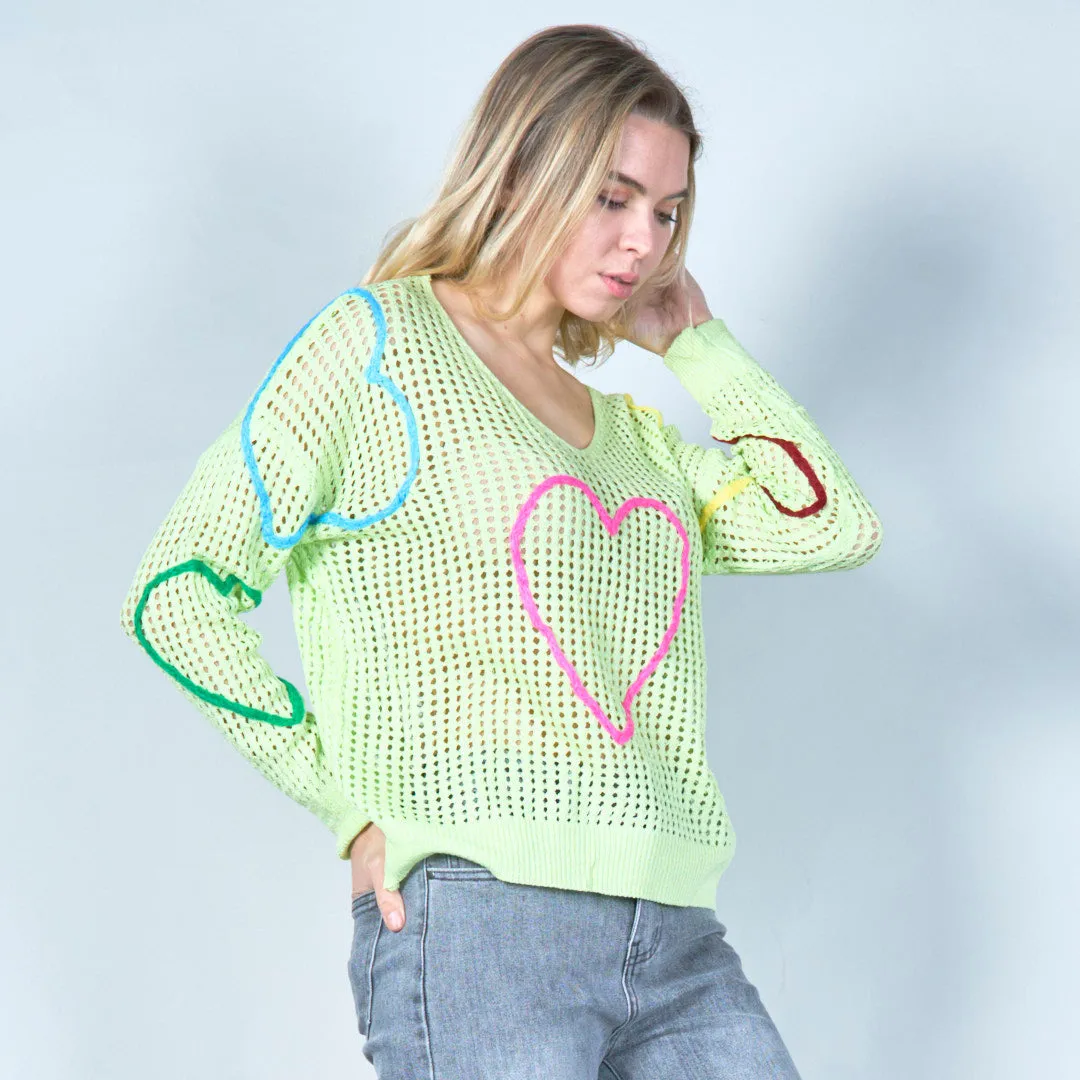 Open-knit sweater with colorful heart design wholesale