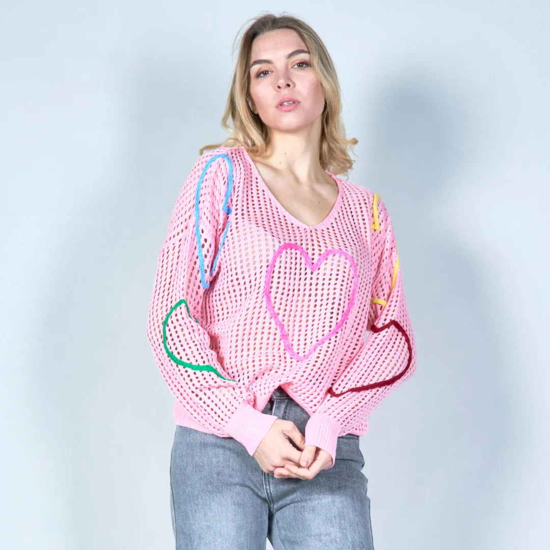 Open-knit sweater with colorful heart design wholesale