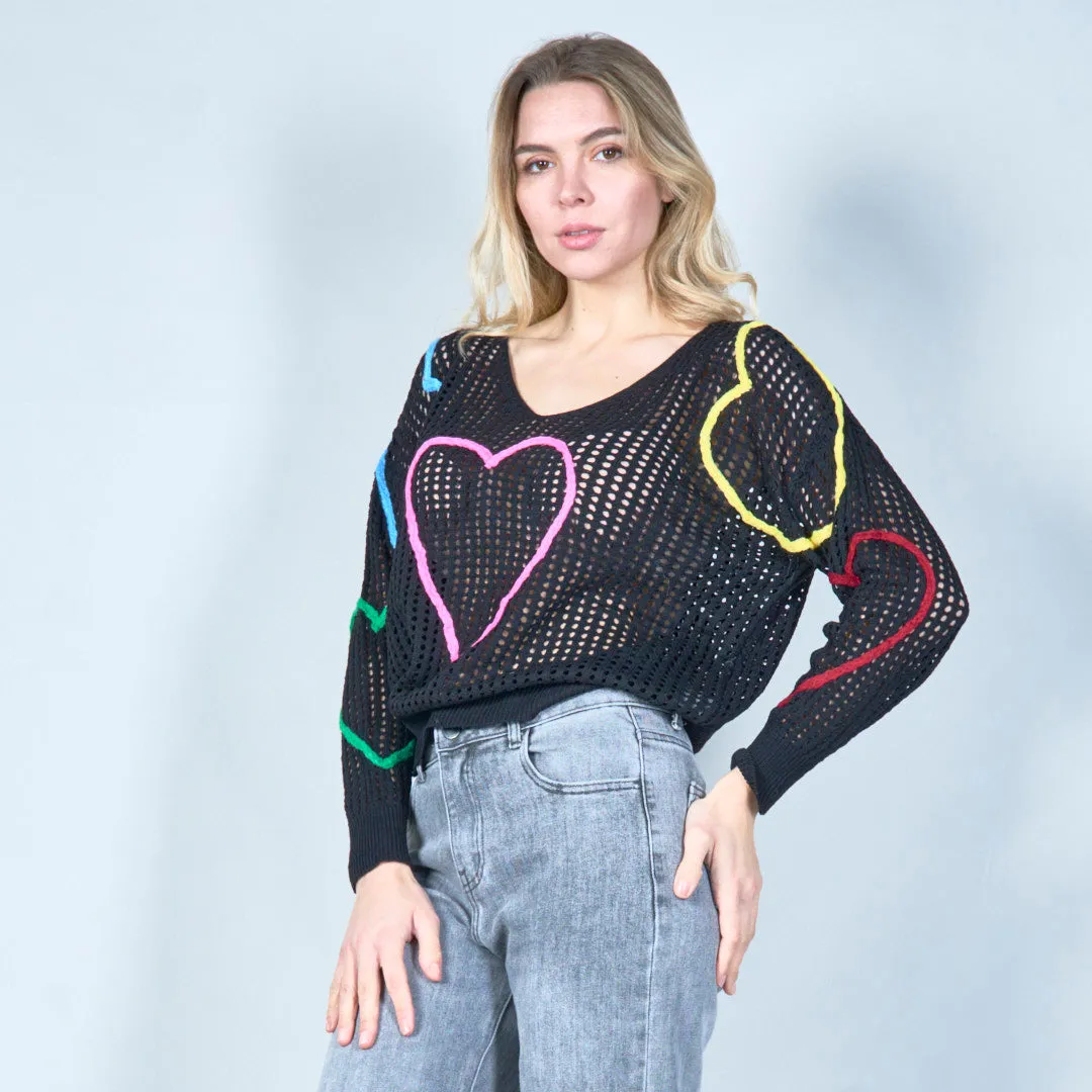 Open-knit sweater with colorful heart design wholesale