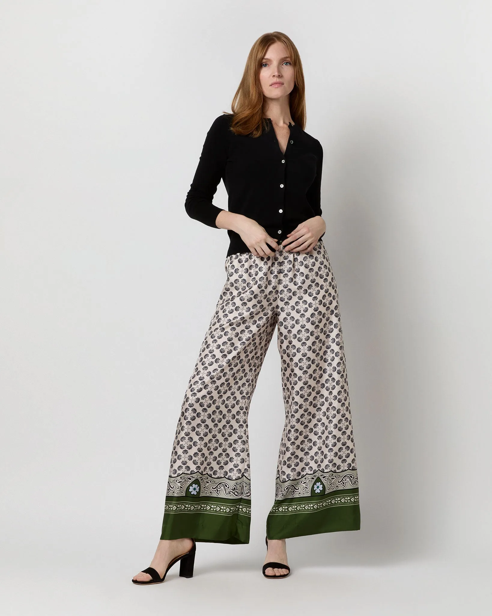 Palazzo Pant in Green Mirage Placée Silk Twill