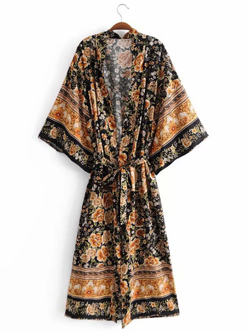 Partywear Floral Print Black Color Cotton Long Length Gown Kimono Duster Robe