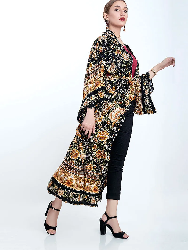 Partywear Floral Print Black Color Cotton Long Length Gown Kimono Duster Robe