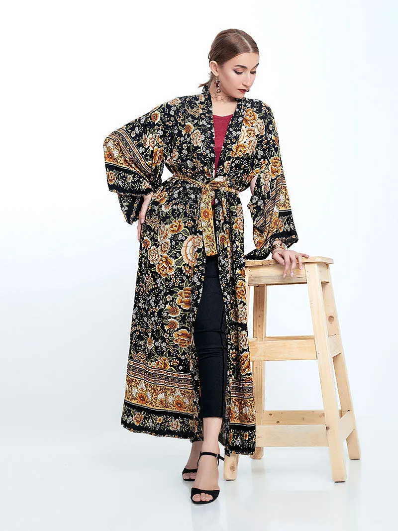 Partywear Floral Print Black Color Cotton Long Length Gown Kimono Duster Robe