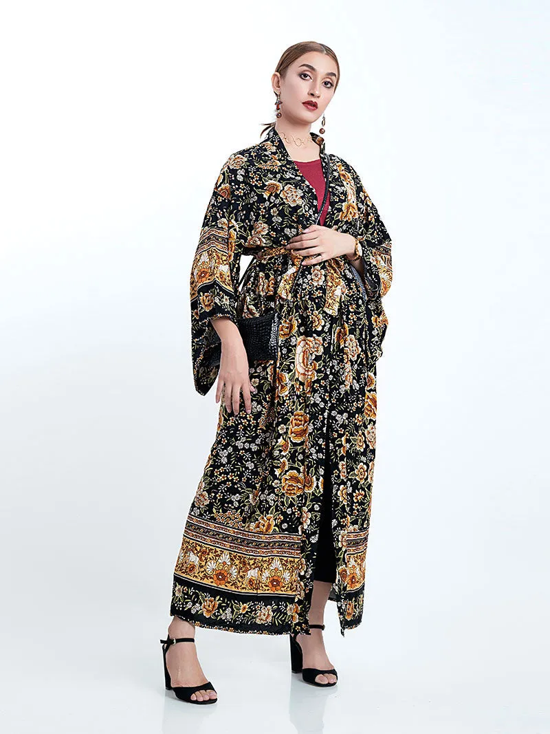 Partywear Floral Print Black Color Cotton Long Length Gown Kimono Duster Robe