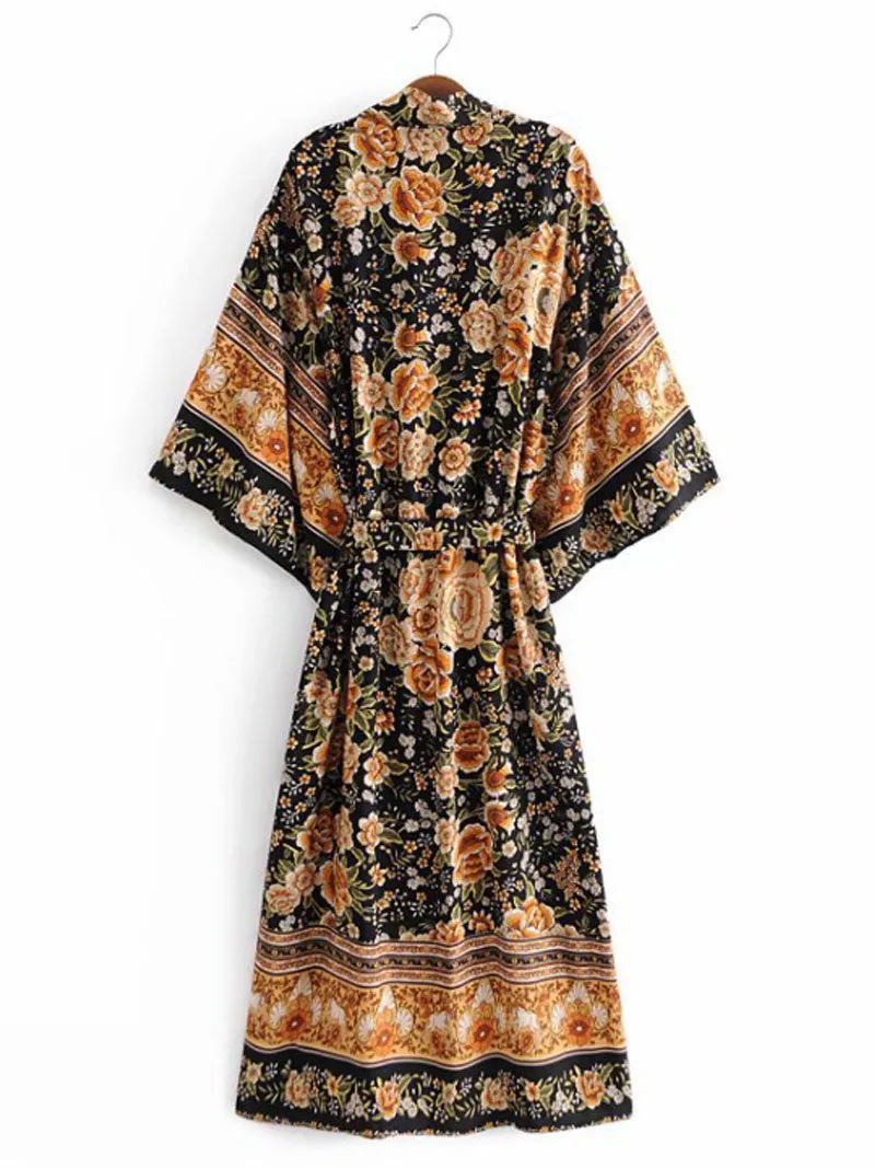 Partywear Floral Print Black Color Cotton Long Length Gown Kimono Duster Robe