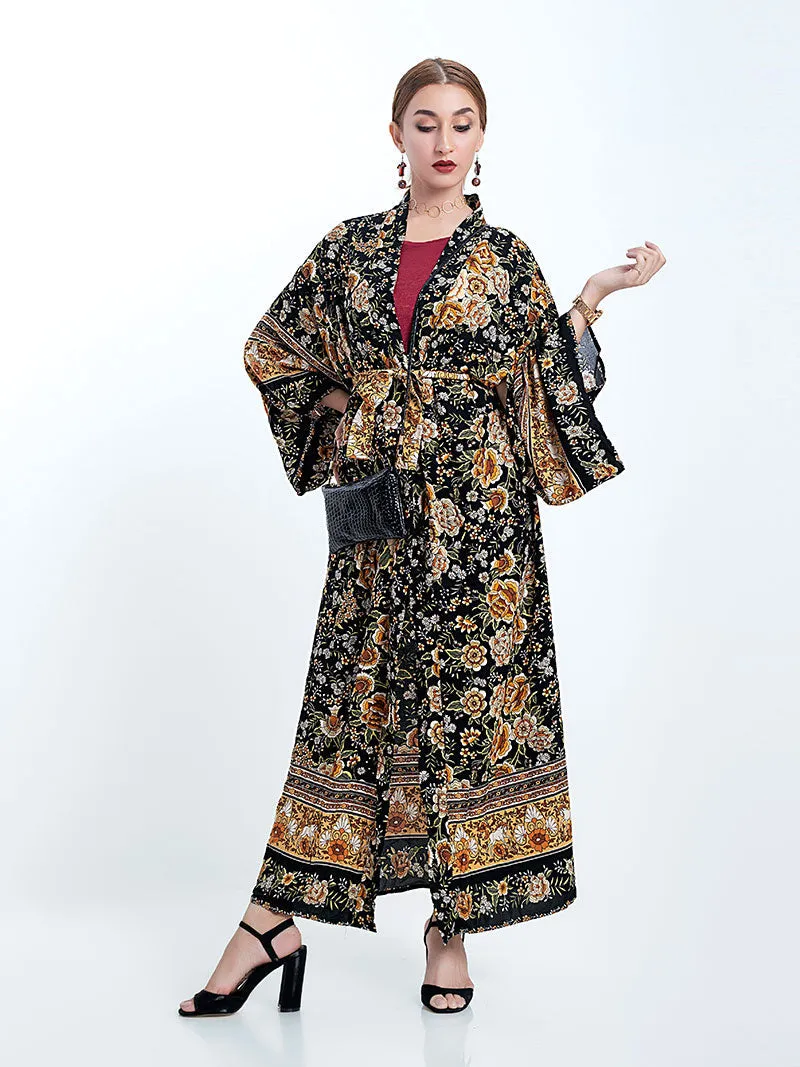 Partywear Floral Print Black Color Cotton Long Length Gown Kimono Duster Robe