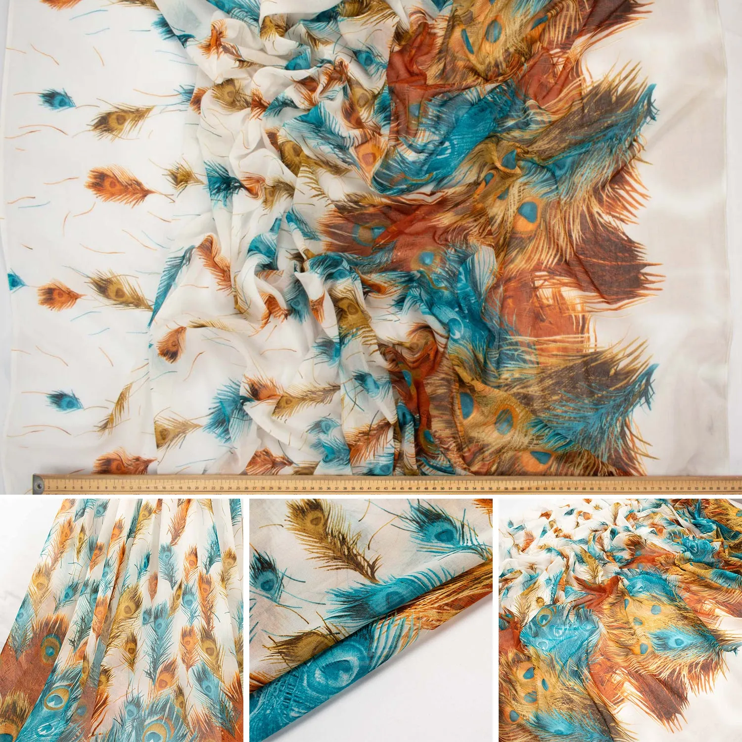 Peacock Printed Cotton Blended Voile Teal & Orange