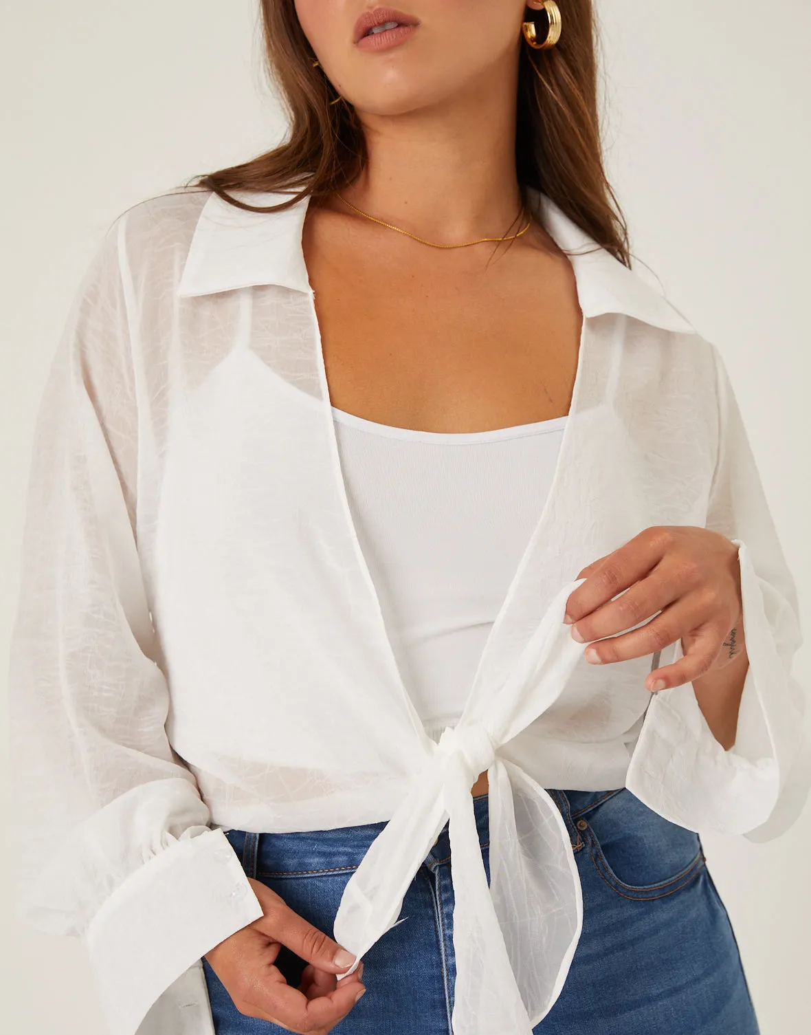 Plus Size Crinkle Sheer Tie Front Top