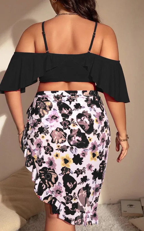 Plus Size Ruffle Shoulder Top With Floral Print Triangle Bikini Set Matched With Cover-Up Skirt Black