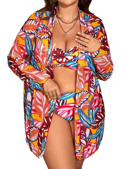 Plus Tropical Print Bikini Swimsuit With Kimono Multicolor