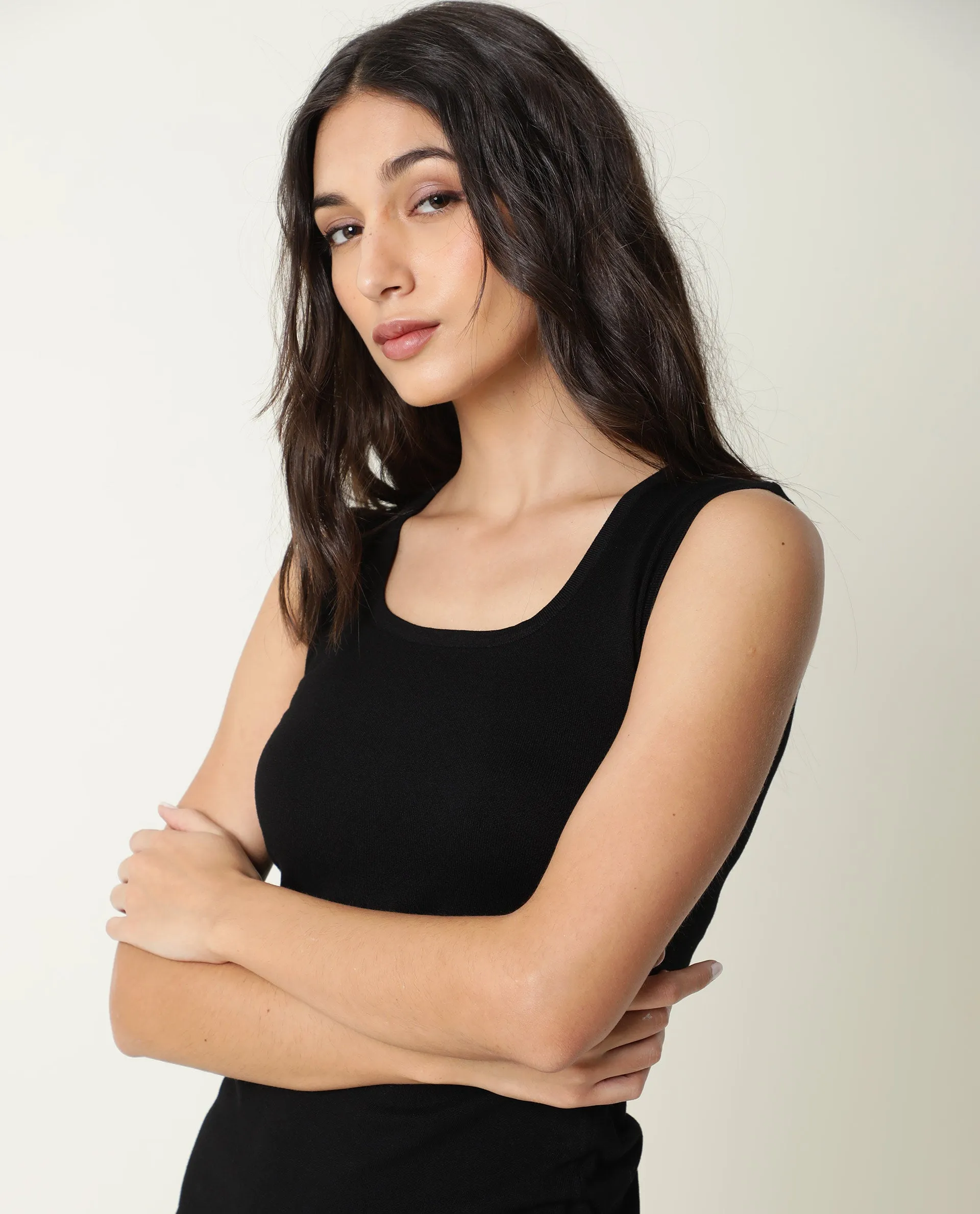 Rareism Women Hailey Black Square Neck Sleeveless With Pull Up Drawstring At Side Seam Midi Dress