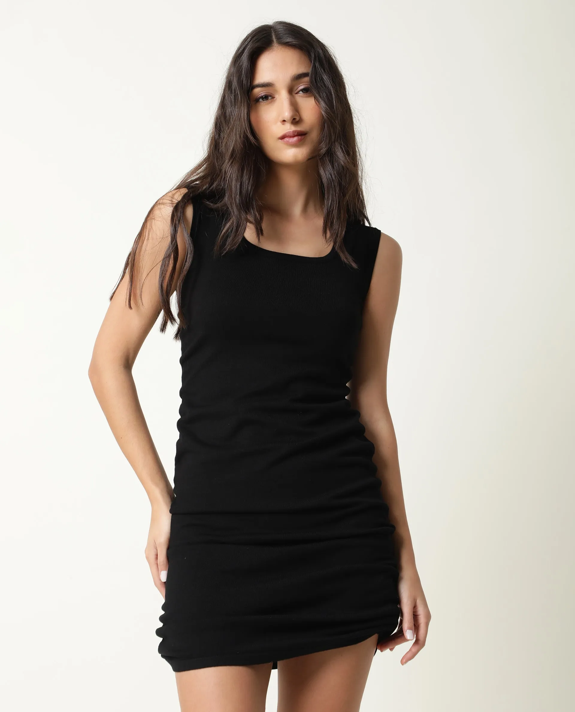 Rareism Women Hailey Black Square Neck Sleeveless With Pull Up Drawstring At Side Seam Midi Dress