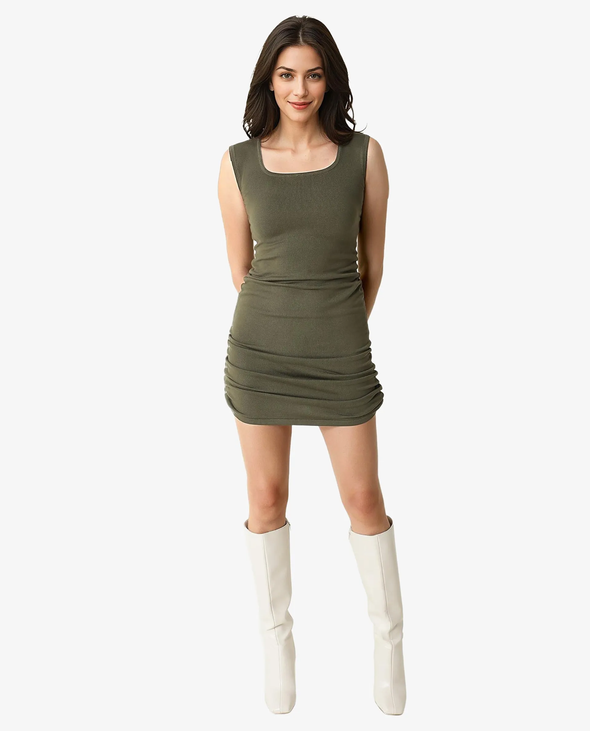 Rareism Women Hailey Olive Square Neck Sleeveless With Pull Up Drawstring At Side Seam Midi Dress