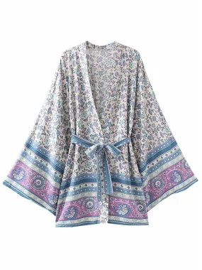 Short Kimono With Floral Print Light-Blue Cotton Short Length Gown Kimono Duster Robe