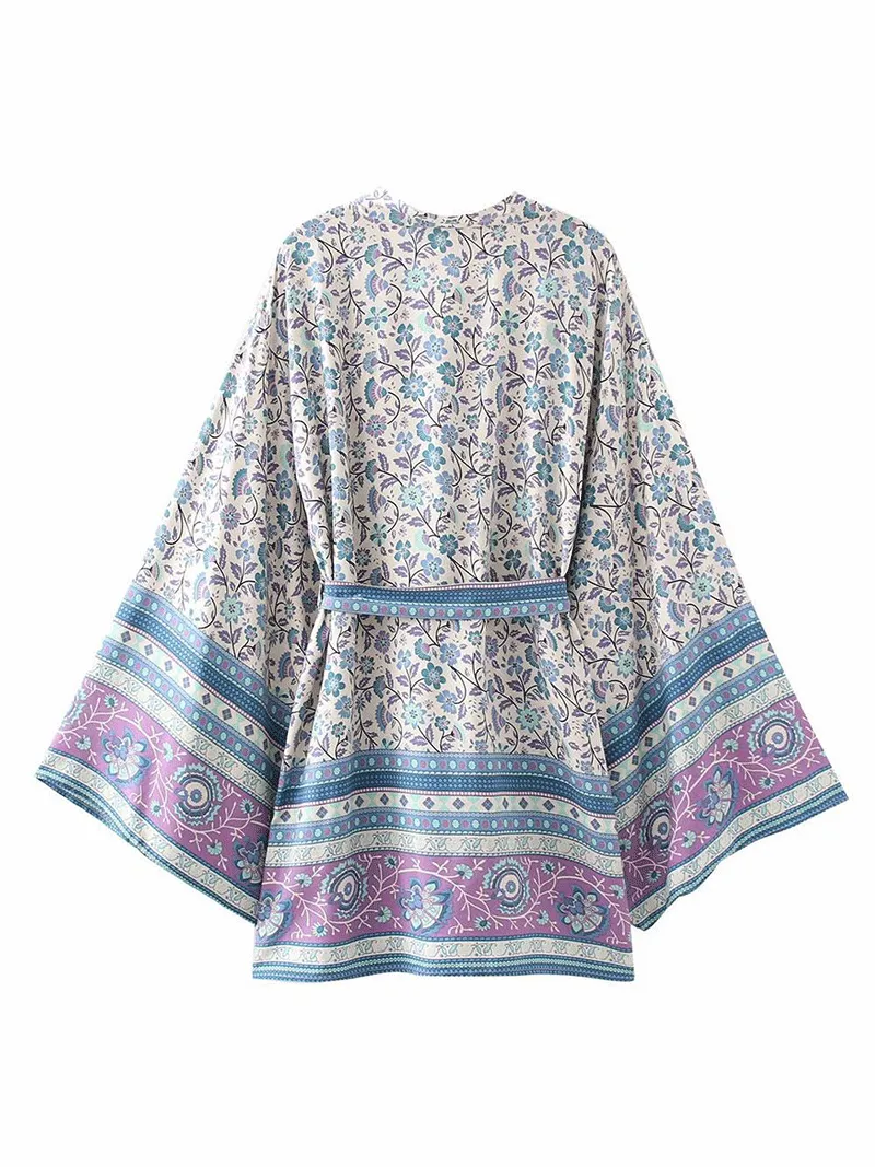 Short Kimono With Floral Print Light-Blue Cotton Short Length Gown Kimono Duster Robe