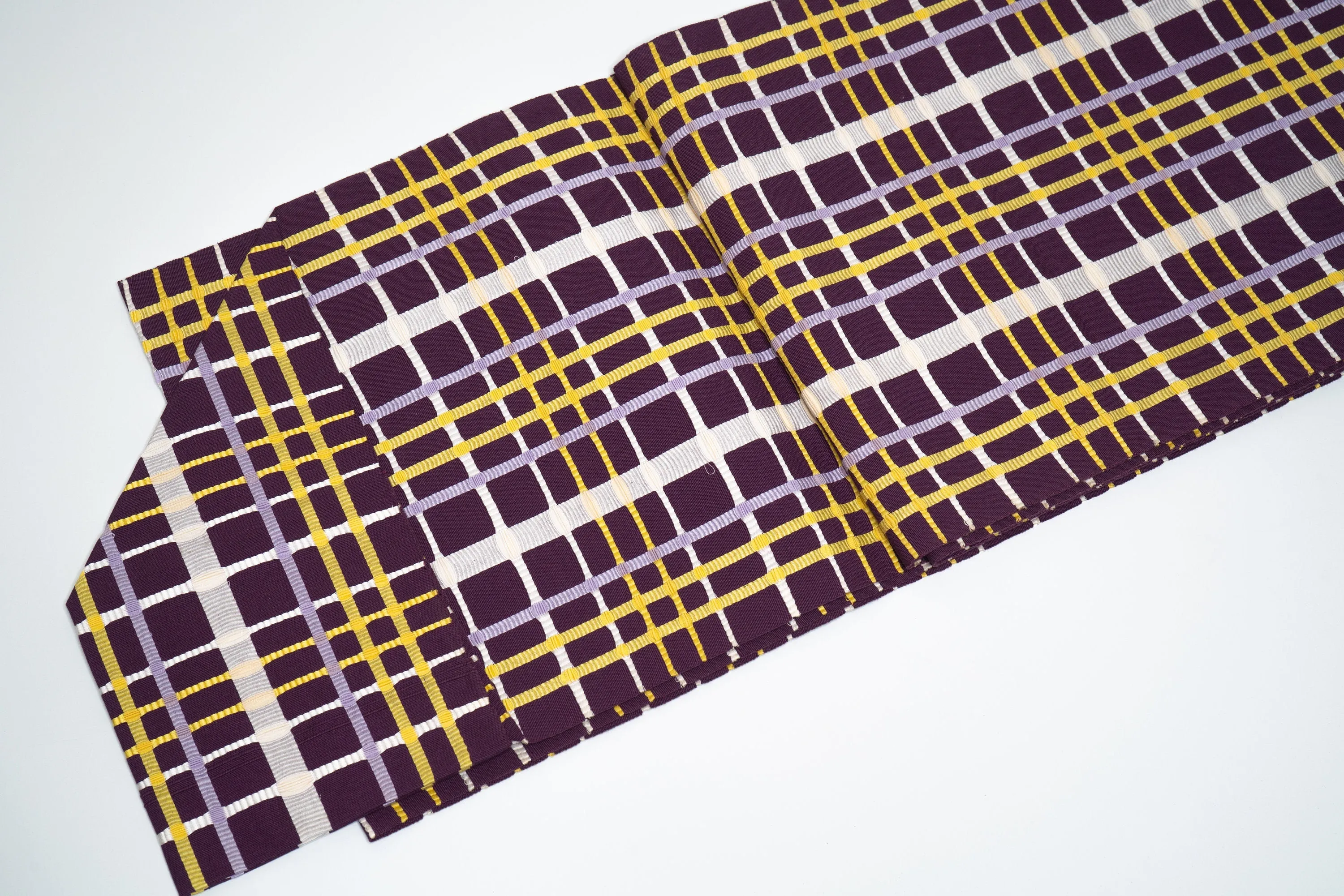 Simple Embroidered Purple Obi - Traditional Japan Kimono Belt - White Purple Yellow Lines