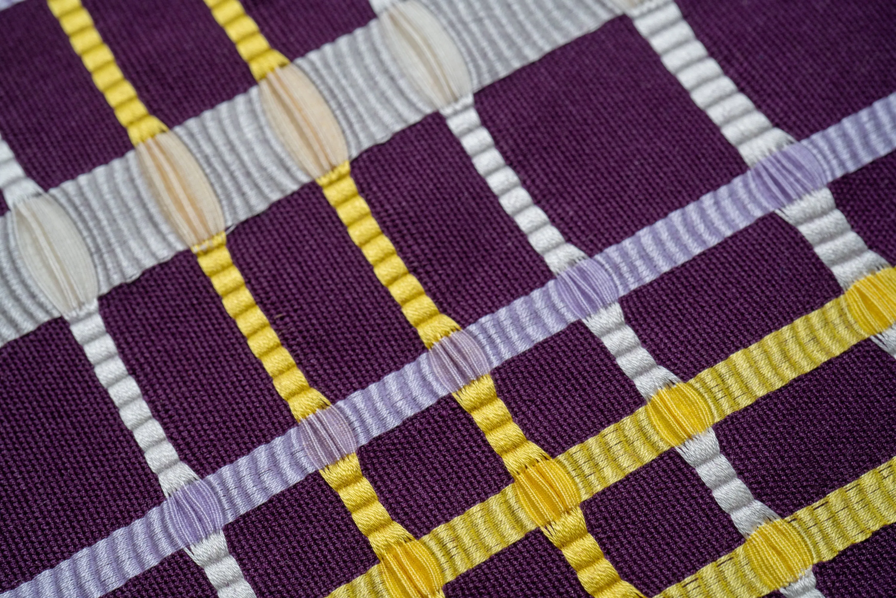 Simple Embroidered Purple Obi - Traditional Japan Kimono Belt - White Purple Yellow Lines