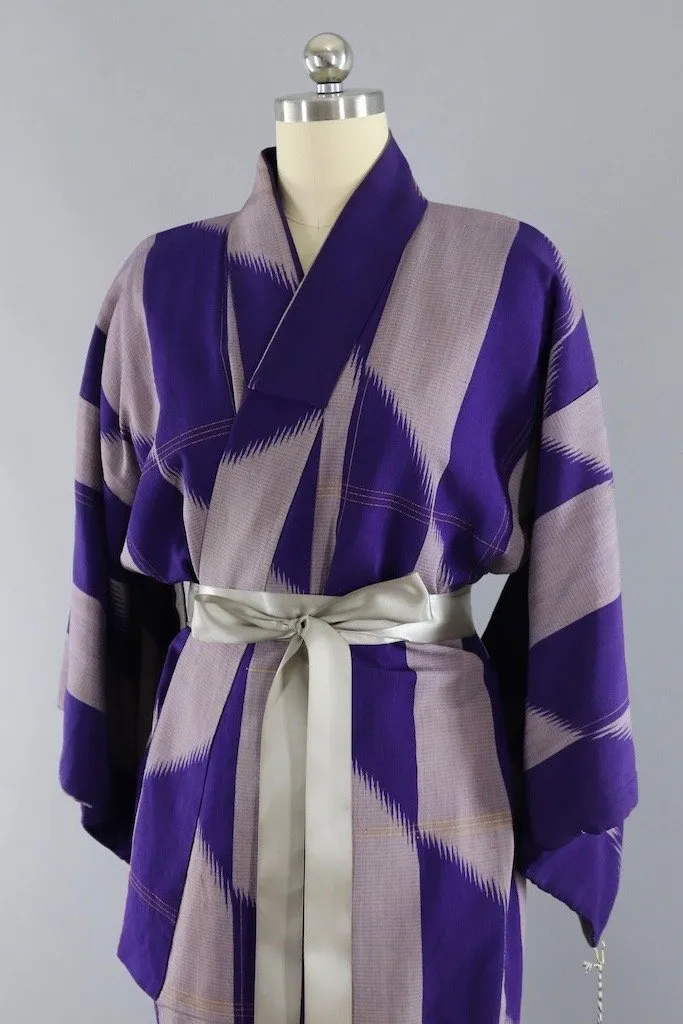 Vintage 1930s Purple & Grey Silk Kimono Robe