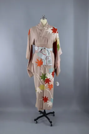 Vintage 1940s Silk Kimono Robe / Taupe Maple Leaves