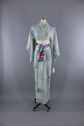 Vintage 1960s Silk Kimono Robe / Blue Ivory Ombre Floral