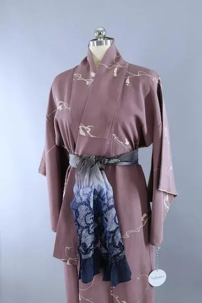 Vintage 1960s Silk Kimono Robe / Dusty Purple Grey